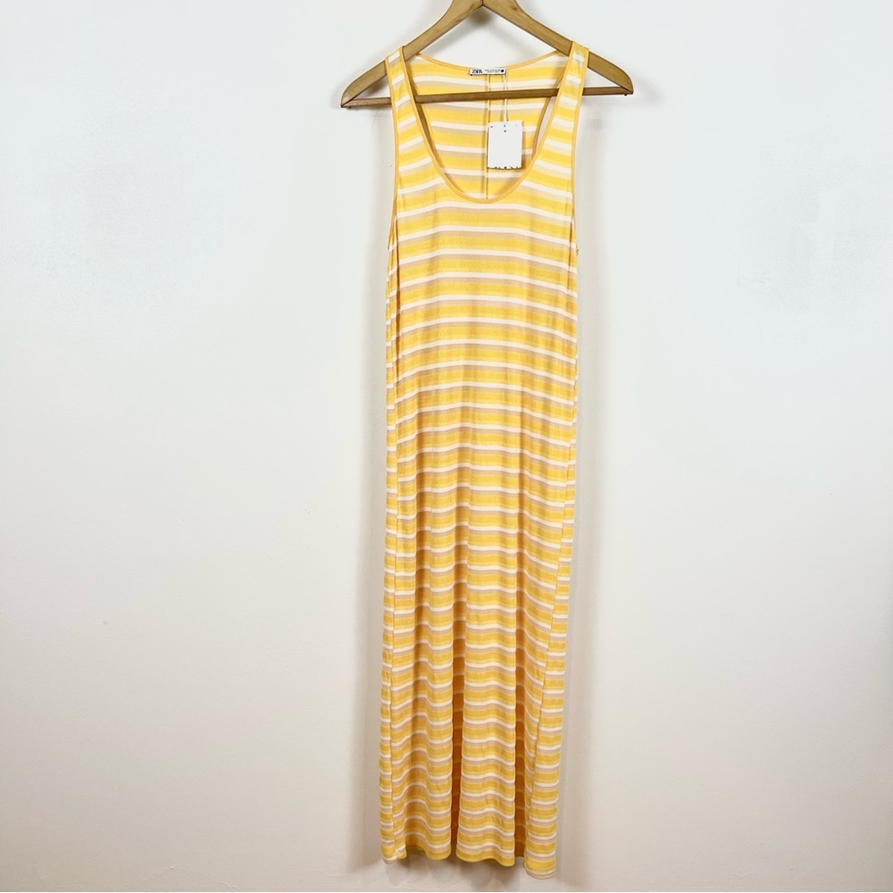 Zara Women's Small Yellow Striped Ribbed Racerback Tank Maxi Dress